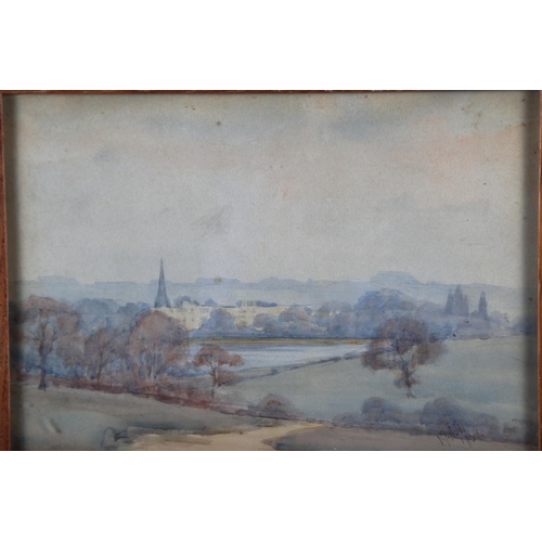 368 - J Hull, 1936: two watercolours, river scene and landscape with distant church, 7