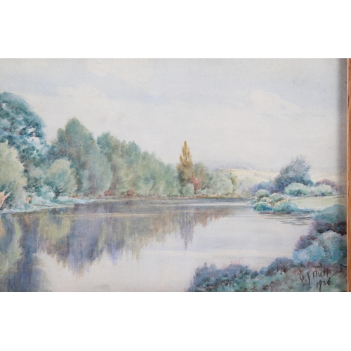 368 - J Hull, 1936: two watercolours, river scene and landscape with distant church, 7