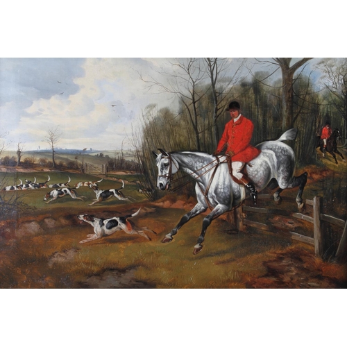 372 - In the manner of Lionel Edwards: oil on canvas, huntsmen and hounds in full cry, 21