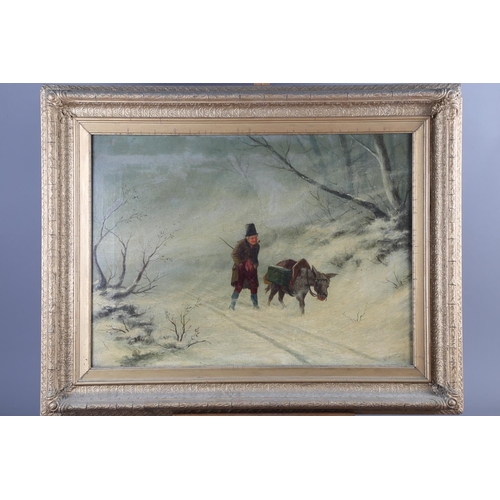 377 - M Blatchford, 1876: oil on canvas, winter scene, man with donkey, 15 1/2