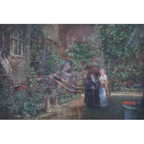 390 - A 19th century oil painting, two figures in a garden 