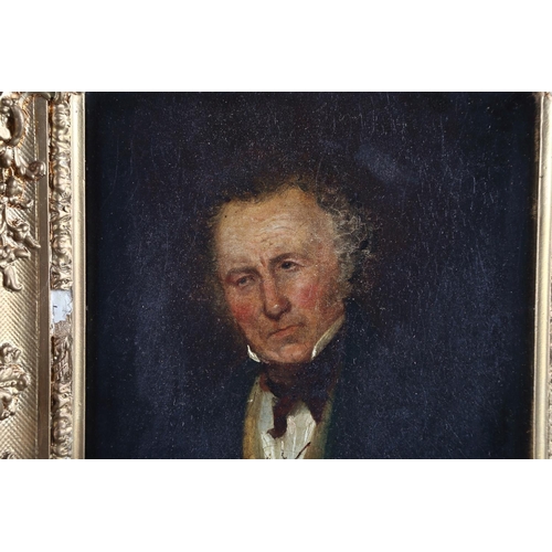 391 - A mid 19th century oil on board of an unknown gentleman with yellow waistcoat, 8 1/2