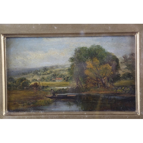 392 - English mid 19th century: oil on board, rural landscape with punt and distant building, 4 1/4