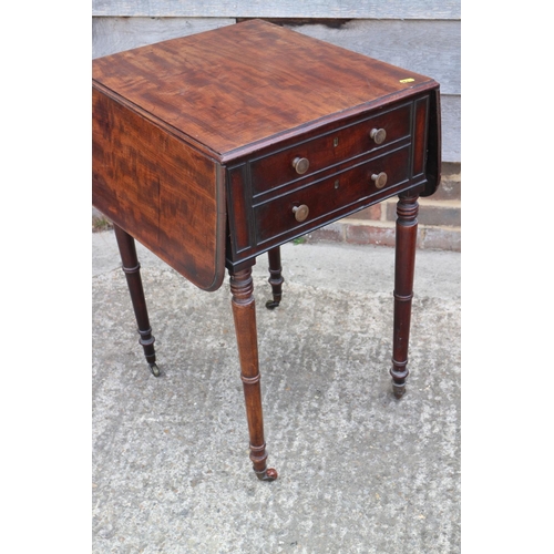 400 - A 19th century mahogany flap top work table, fitted  two  drawers, on turned and castored supports, ... 