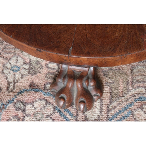 420 - A mid 19th century mahogany circular tilt top table, on faceted column and circular base with lion p... 