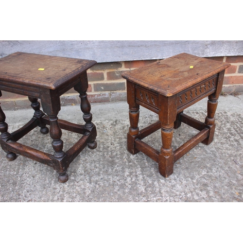 463 - A carved oak joint stool of 17th century design with moulded seat rail, on turned and stretchered su... 