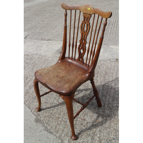 490 - A pair of fruitwood splat and spindle back side chairs with panel seats, on turned and stretchered s... 