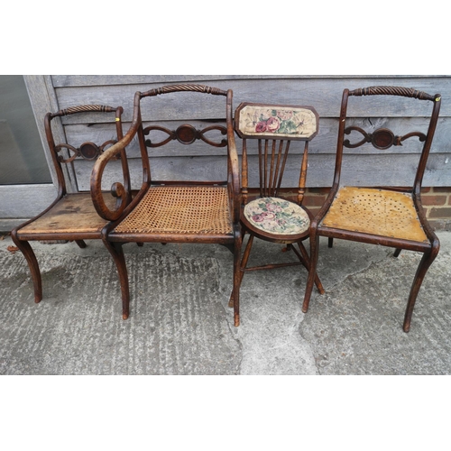 521 - Three grained as rosewood side chairs and a stick back chair with padded seat