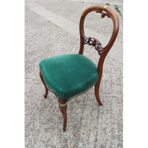 558 - A set of six Victorian carved mahogany loop back chairs, upholstered in a green velour, on carved ca... 