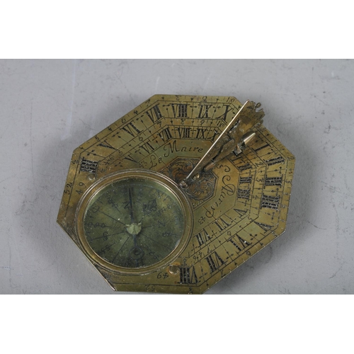 90 - An 18th century French octagonal Butterfield type compass, in fitted leather case with embroidered i... 