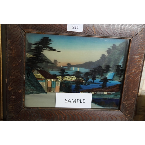 294 - A pair of Japanese landscape paintings on glass and a set of four modern limited edition caricature ... 