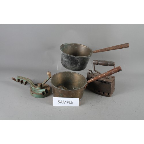 181 - Two vintage balances, two saucepans, weights and other items