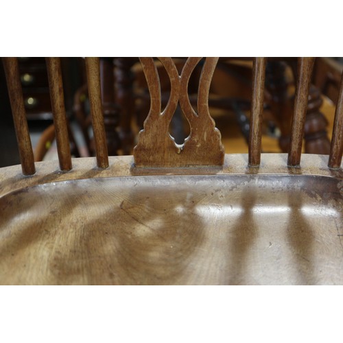 490 - A pair of fruitwood splat and spindle back side chairs with panel seats, on turned and stretchered s... 