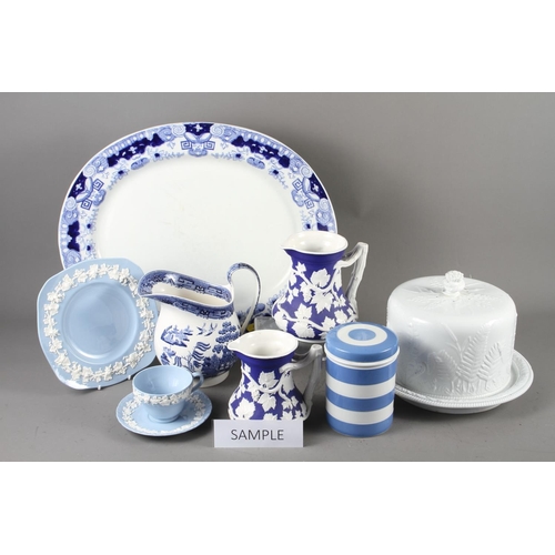 62 - An assortment of blue and white ceramics, Cornish ware, a white Stilton cheese dish (base chipped) a... 