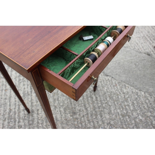 375 - A late 19th century mahogany and box strung worktable, fitted brocade lined compartment, drawer and ... 