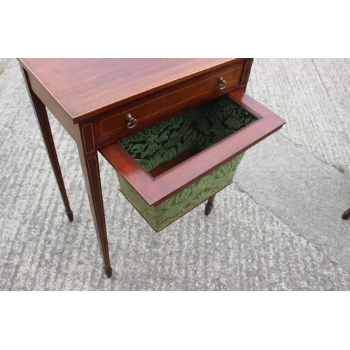 375 - A late 19th century mahogany and box strung worktable, fitted brocade lined compartment, drawer and ... 