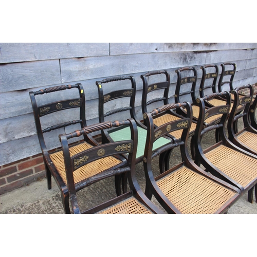 393 - A set of twelve Regency ebonised and brass rope mounted rope twist bar back dining chairs with cane ... 