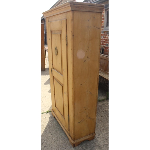 602 - A late 19th century waxed pine cupboard enclosed panel door with brass grill, on bracket feet, 36