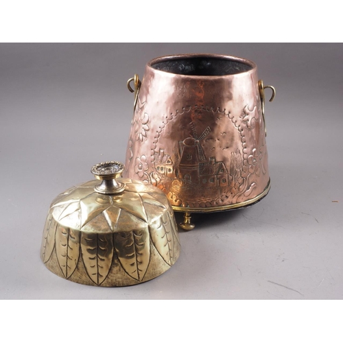 113 - A 19th Dutch embossed and engraved copper brass pail, 15 1/2