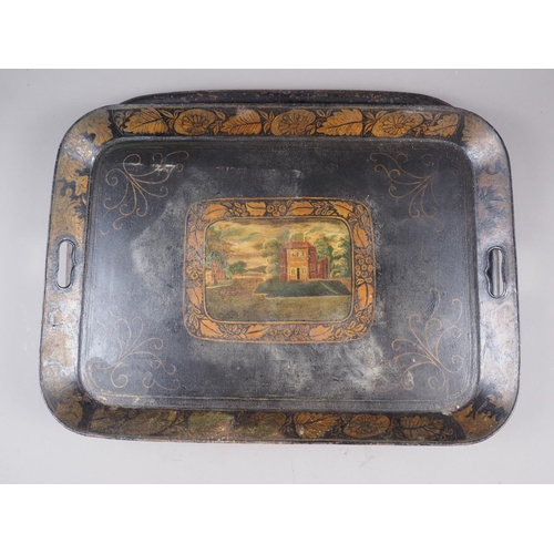 124 - A toleware two-handled tray with central rural scene decoration, 24 1/4