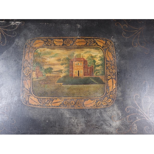 124 - A toleware two-handled tray with central rural scene decoration, 24 1/4