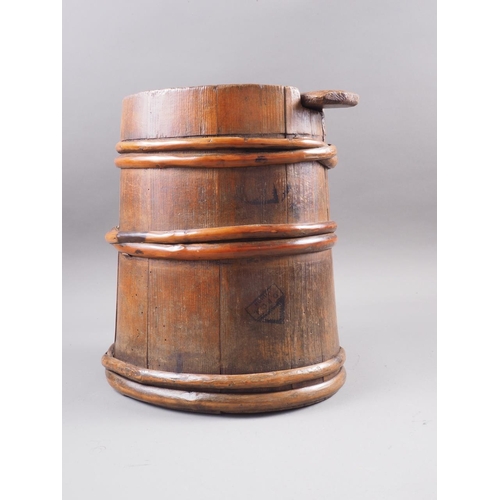 136 - A 19th century coopered pine barrel firkin and cover, 11 1/2