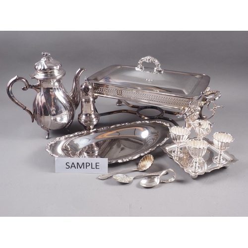 224 - Four silver plated hot dish stands, two lids, a liner, a Danish plated coffee pot and sugar, and oth... 