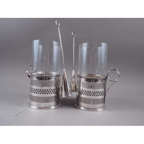 227 - A pair of glass and silver plate mounted storm lamps with pierced decoration and snuffers