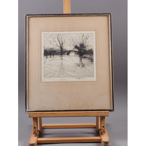 277 - W Nevison: dry point etching, river scene with bridge, in wooden strip frame