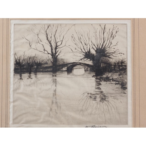 277 - W Nevison: dry point etching, river scene with bridge, in wooden strip frame