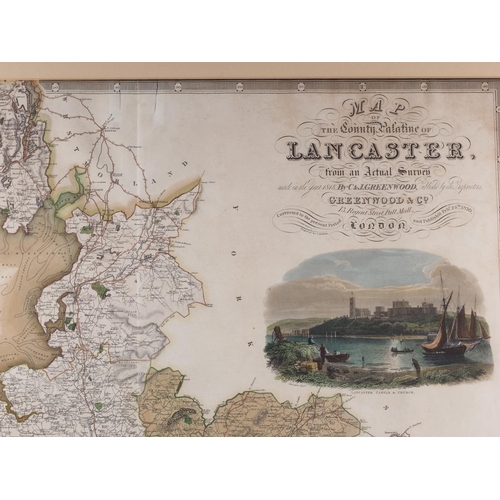 290 - Greenwood's 1818 hand-coloured map of Lancaster, in strip frame