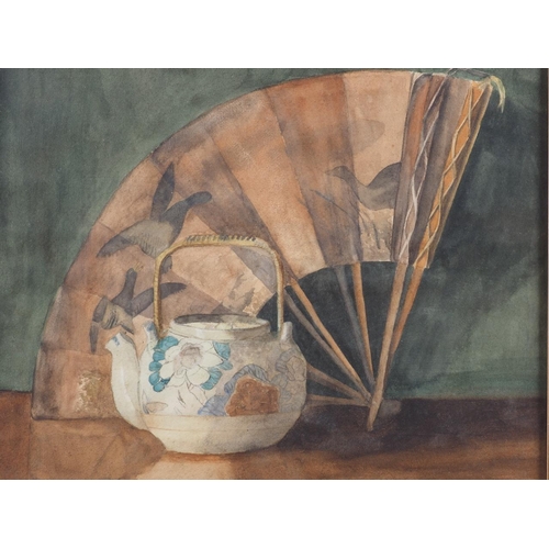 339 - A watercolour, still life with teapot and fan, 13