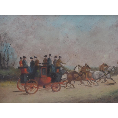 347 - M H Randolph, 1886: oil on board, coaching scene with hunt, 6 1/2