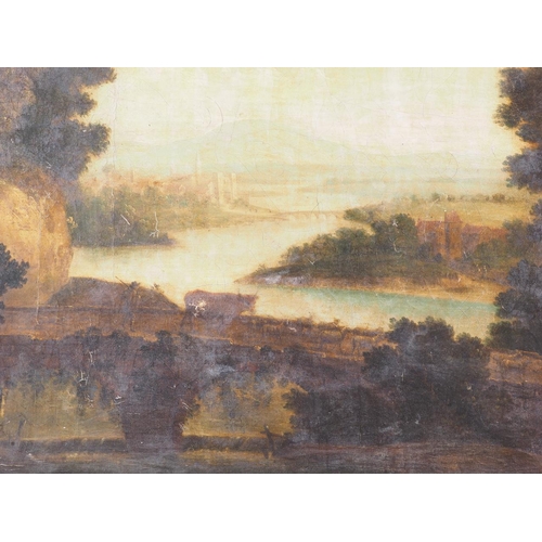 352 - After Claude, a 19th century oil on canvas, extensive landscape with distant city, 17 1/2