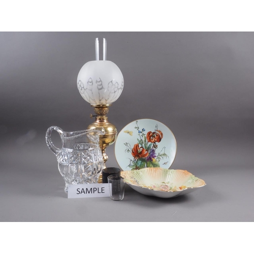 38 - A brass oil lamp with frosted glass shade, 18