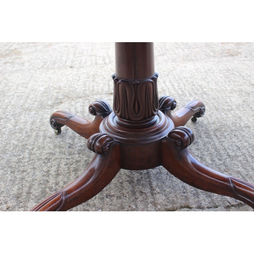 397 - A William IV mahogany oval table, on turned and carved column and quadruple scroll splay support, 48... 