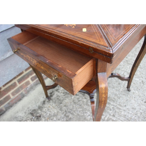 485 - An Edwardian rosewood, marquetry and line inlaid two-tier envelope card table with drawer, on cabrio... 