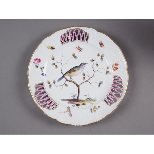 5 - A 19th century Dresden porcelain bird decorated plate with pierced rim, 9 3/4