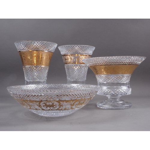 58 - Two cut glass flared rim vases with gilt and etched decoration (tallest 10