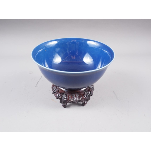 71 - A Chinese blue monochrome bowl with double ring and six-character mark to base, 6