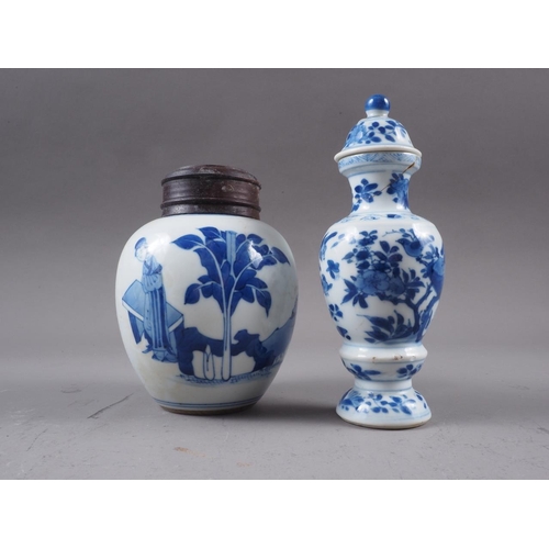 78 - A Chinese blue and white bulbous jar, decorated figures in a landscape, with associated hardwood cov... 