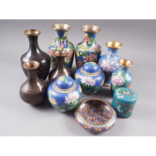 95 - A pair of Chinese cloisonne baluster vases, decorated chrysanthemums and other flowers, 9