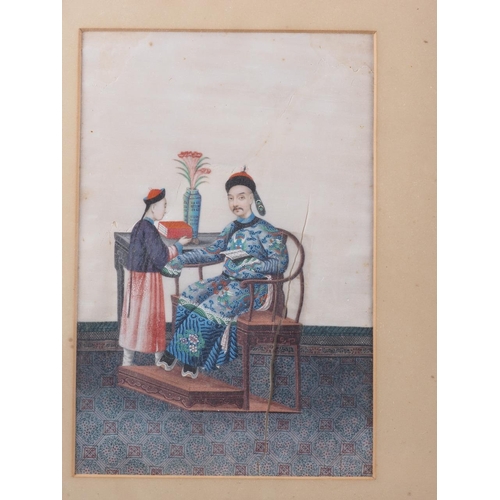 98 - Three Chinese watercolours on pith paper, two portraits, mandarin and wife, 10 1/2