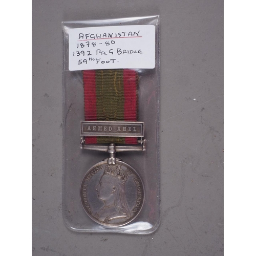 259 - An Afghanistan medal 1878-80 with Ahmed Khel Bar, awarded to 1392 Pte G Bridle 59th Foot