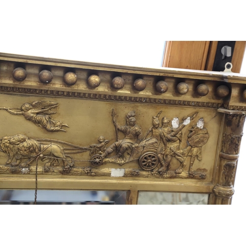 448 - A Regency triple-plate overmantel mirror with Apollo chariot frieze, 58