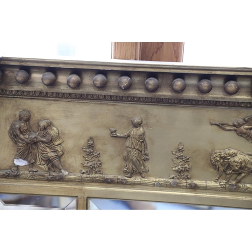 448 - A Regency triple-plate overmantel mirror with Apollo chariot frieze, 58