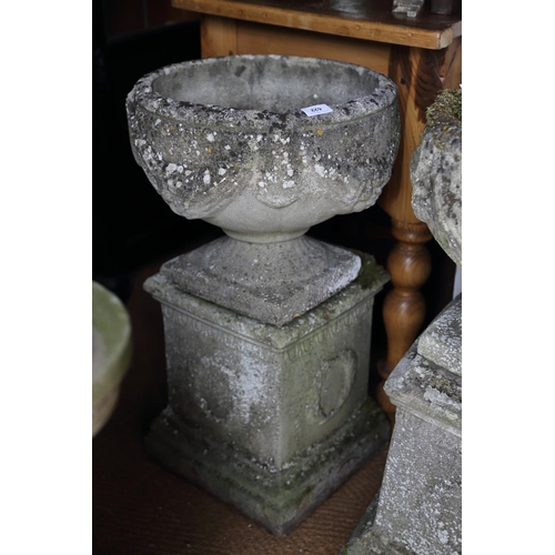 622 - An antique cast stone planter with swag decoration, on square base, 29