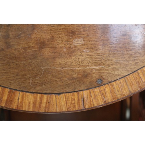 385 - An 18th century mahogany and satinwood banded oval Pembroke table, on square taper castored supports... 