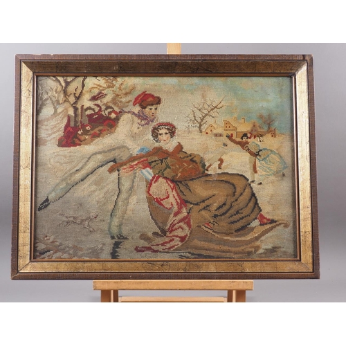 187 - A mid 19th century cross stitch panel, skaters on a lake, 14