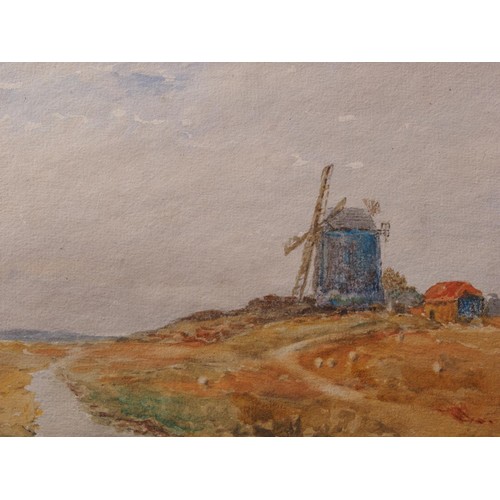 389 - A W Rich/W T Appleby: watercolours, windmill with sheep, 5 1/2